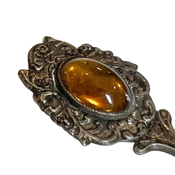 Vintage Ornate Silver Plated Spoon Amber Cabochon Dutch Holland Collectible - Picture 2 of 6
